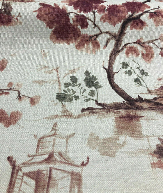 Chinoiserie Asian Toile Salmon Rose Caino Cotton Drapery Upholstery Fabric by the yard