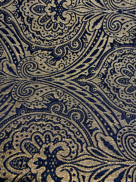 Medellin Damask Navy Blue Gold Upholstery Fabric By The Yard