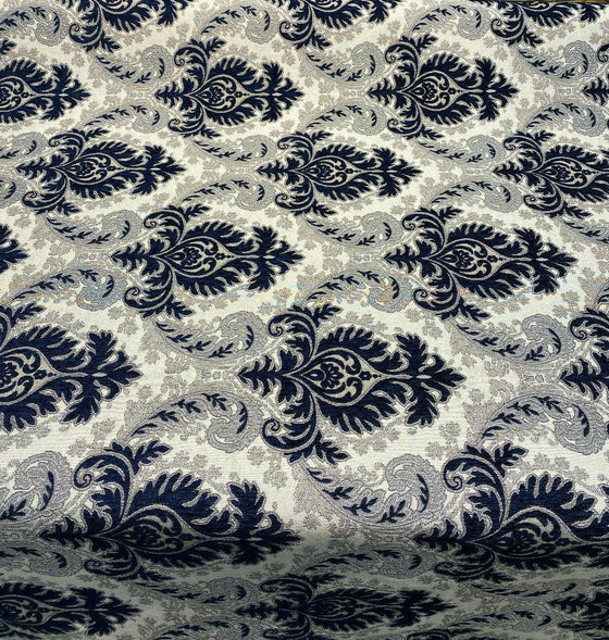 Grenada Damask Navy Blue Silver Upholstery Fabric