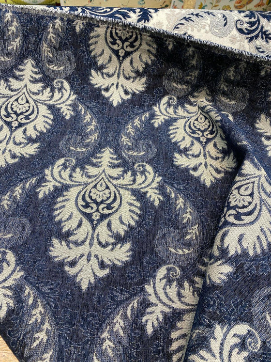 Grenada Damask Navy Blue Silver Upholstery Fabric