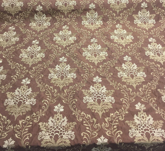 Brown Gold Damask Embroidered Faux Silk Polyester Drapery Fabric  by the yard