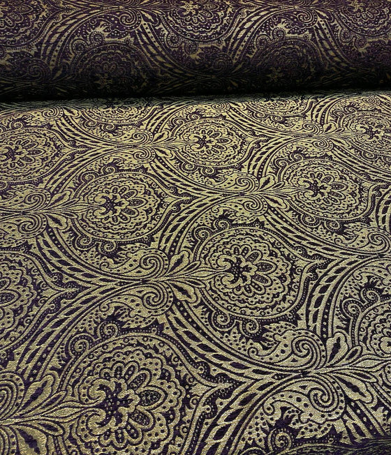 Medellin Damask Purple Gold Upholstery Fabric By The Yard
