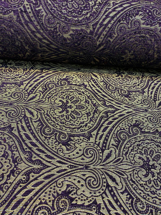 Medellin Damask Purple Gold Upholstery Fabric By The Yard