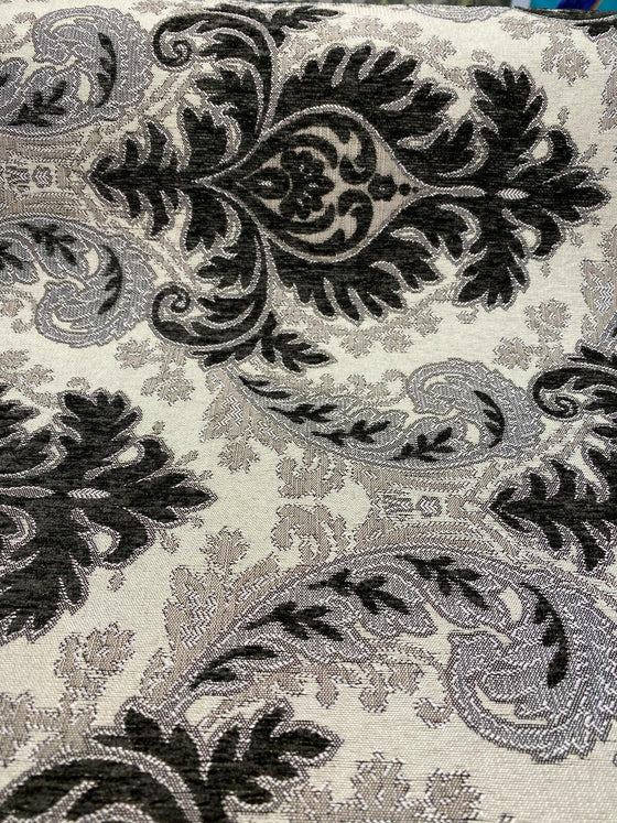Grenada Damask Charcoal Silver Upholstery Fabric By The Yard