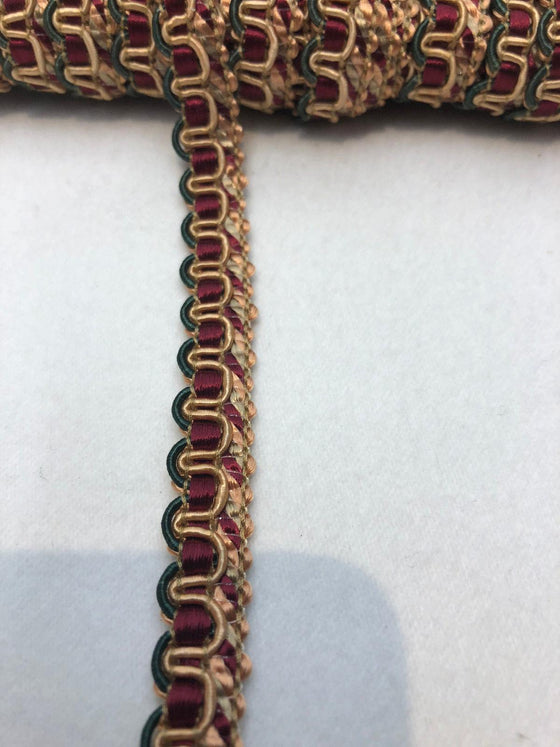 Maroon with Gold and Green Decorative Scroll Style Braid Gimp Trim