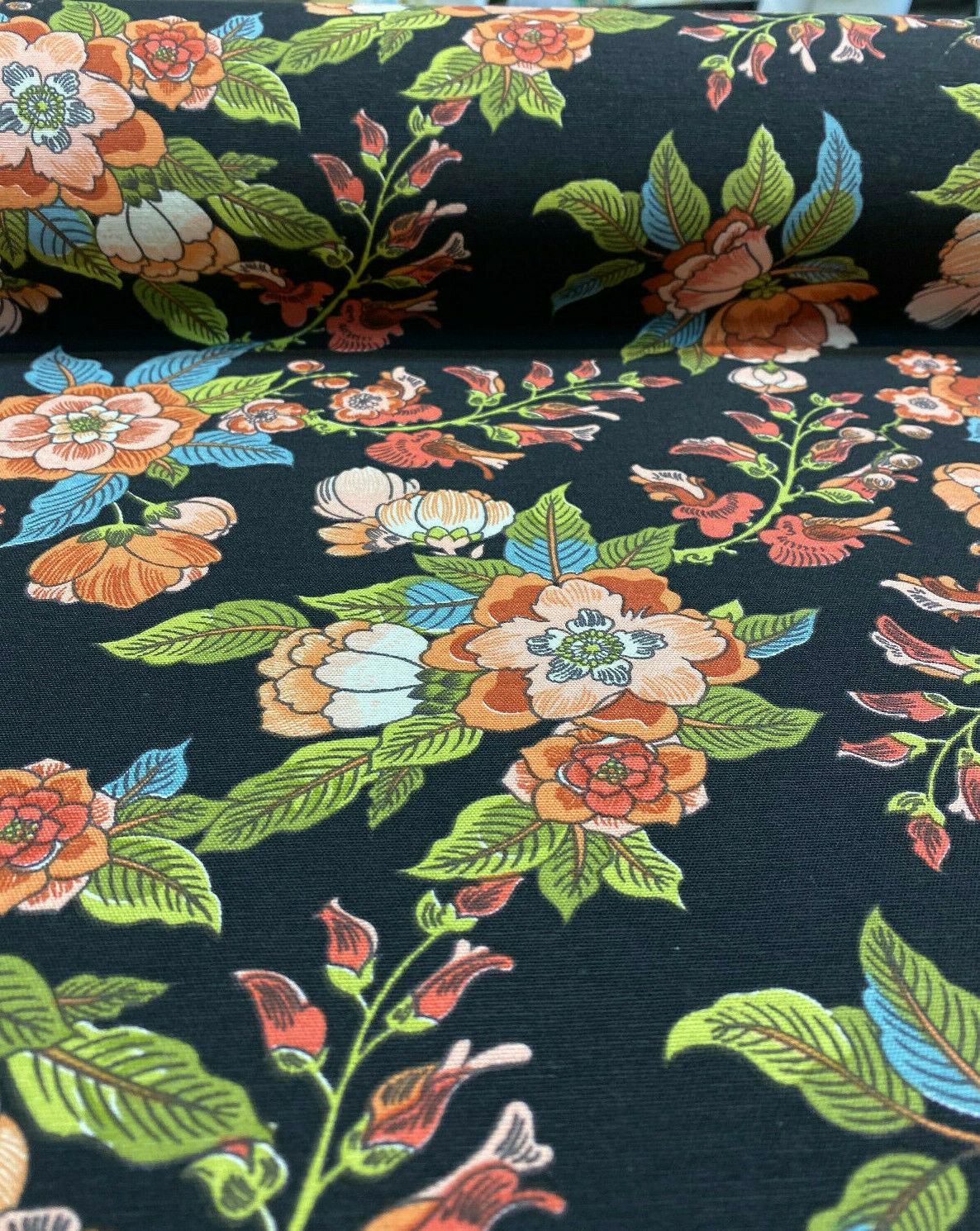 Jaimy Black Jungle Flowers Cotton Drapery Upholstery Fabric by the yar ...