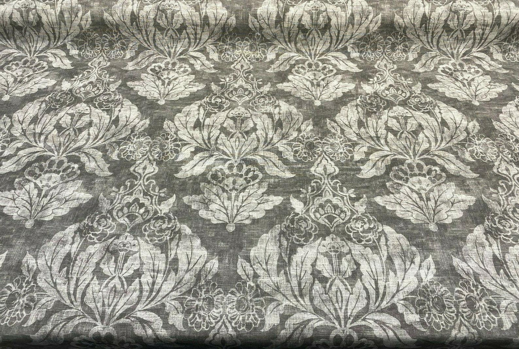Classic Elegant Damask Gray White Cotton Drapery Upholstery Fabric by the yard