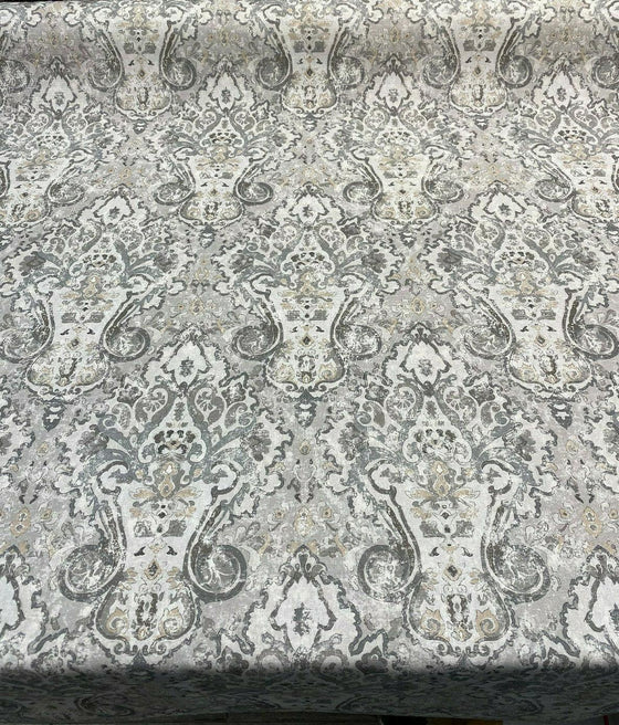 Mazely Damask Ancient Gray Cotton Drapery Upholstery Fabric by the yard