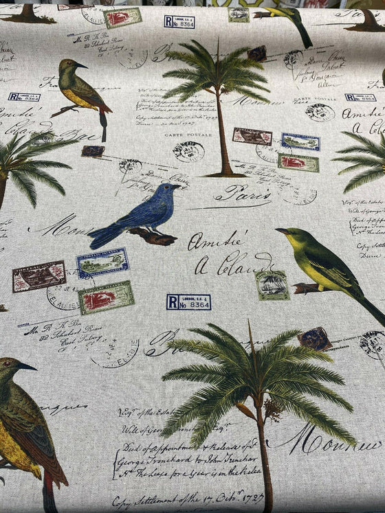 Amitie Song Birds Blue Green Palm Tree Drapery Upholstery Fabric By The Yard
