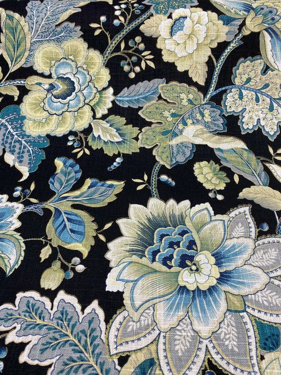 Linen Blue and Green Floral Velvet Upholstery Fabric by the Yard