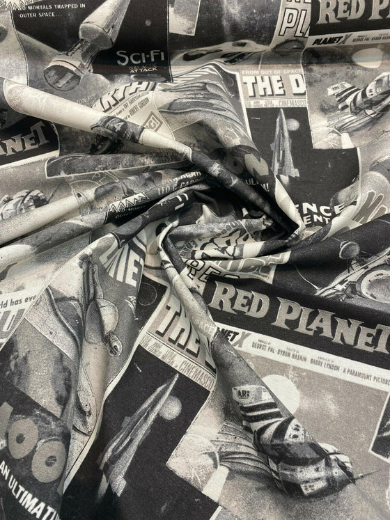 Galactic Sci-Fi Red Planet Black White Drapery Upholstery Fabric | Affordable Home Fabrics