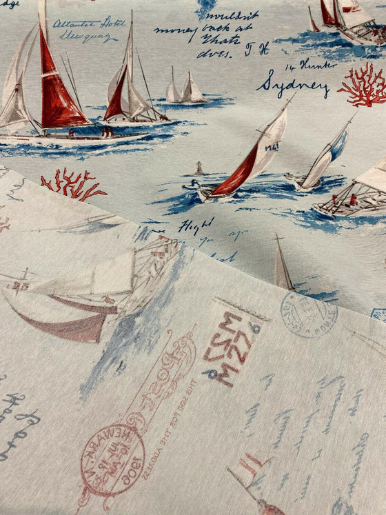 Sailboats Sea Blue Vilber Cotton Drapery Upholstery Fabric by the yard