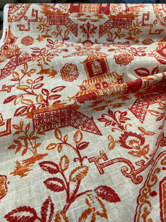 Richloom Teahouse Toile Coral Red Orange Fabric By The Yard
