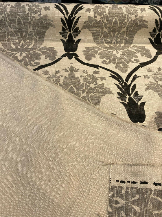 Lyra Black Gray Damask Linen Teflon Drapery Upholstery Fabric by the yard