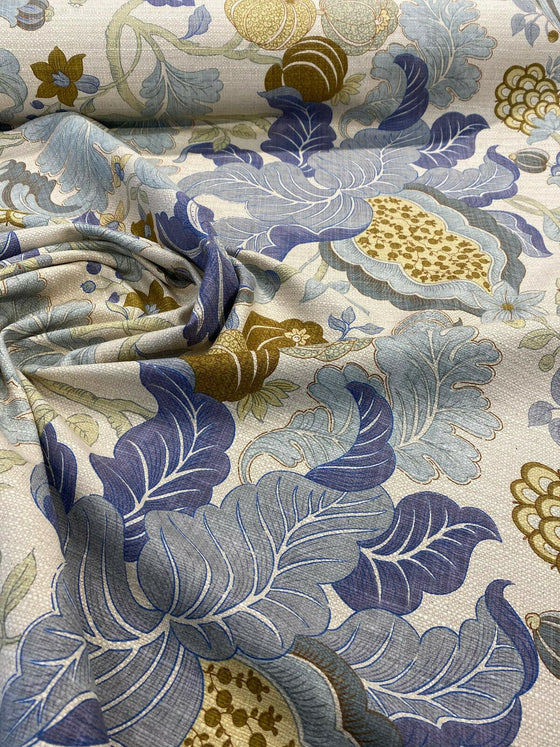 Eire Jacobean Blue Floral Linen Teflon Drapery Upholstery Fabric by the yard