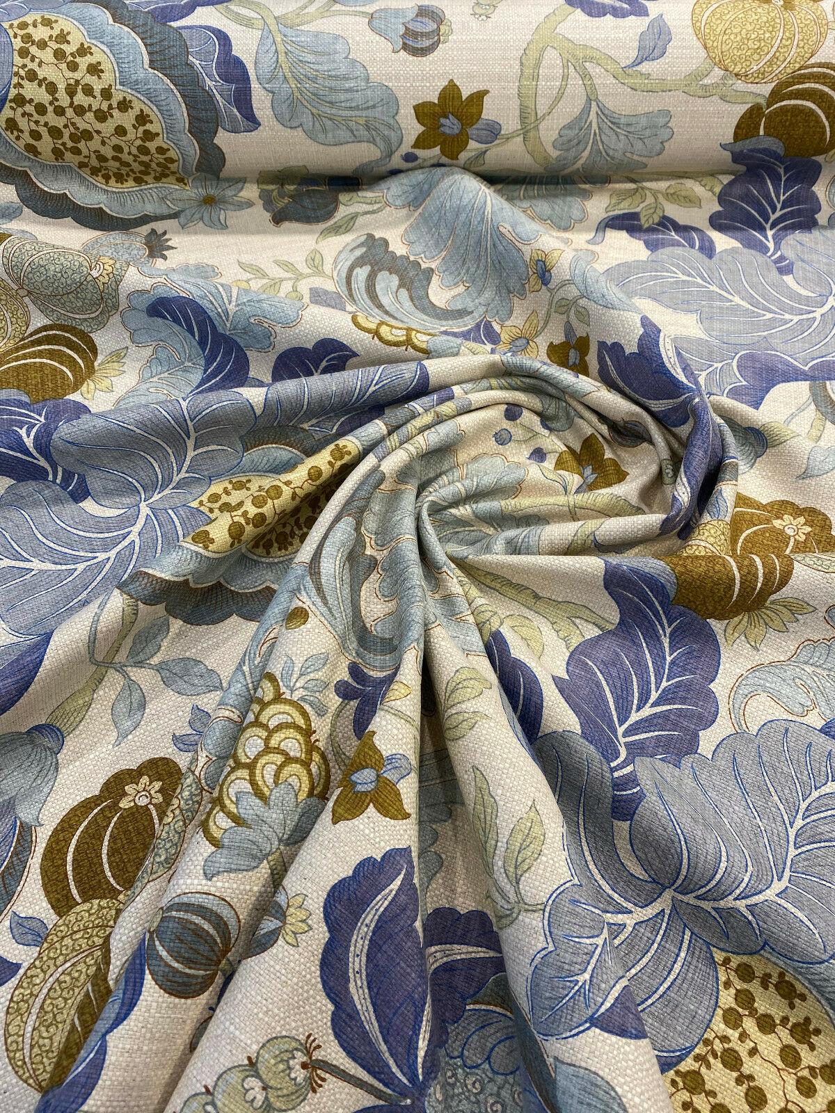 Isadore Blue Floral Cotton Linen Upholstery Fabric by the Yard