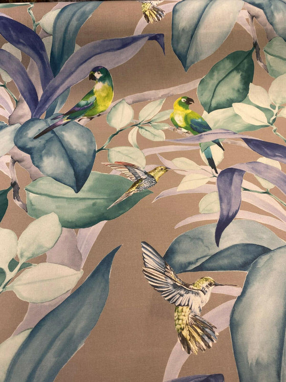 Green Birds Blue Floral Branches Drapery Upholstery Fabric by the yard