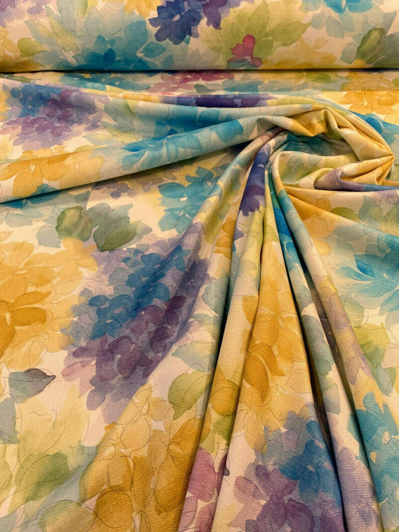 Mae Floral Blue Yellow Heaven Cotton Drapery Upholstery Fabric by the yard
