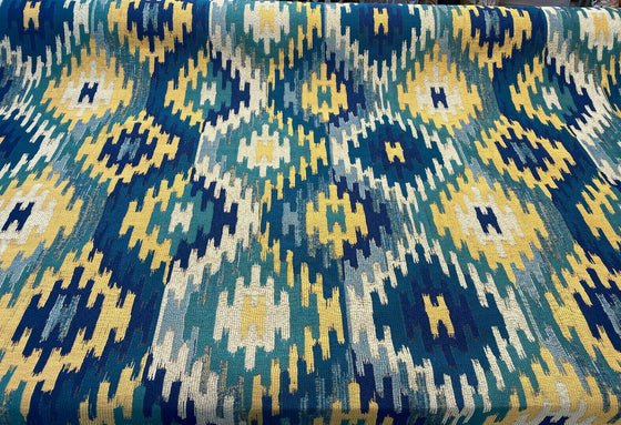 Hupa Parrot Teal Ikat Jacquard SMC Upholstery Fabric By The Yard