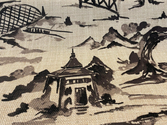 Nanping Toile Chinoiserie Black Basketweave Upholstery Fabric