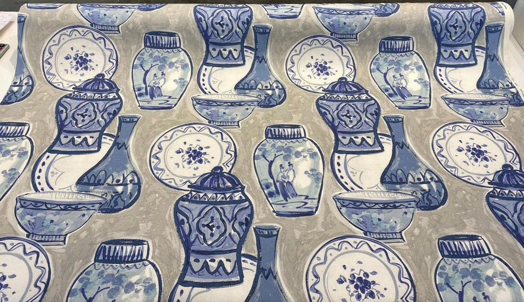 Zilian Blue Chinoiserie Vases Drapery Upholstery Fabric