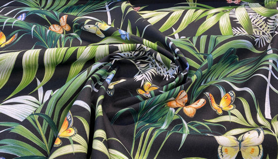 Palms Butterflies Black Cotton Drapery Upholstery Fabric