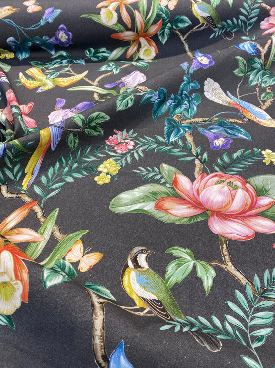 Tabita Noir Birds Butterflies Cotton Drapery Upholstery Fabric 