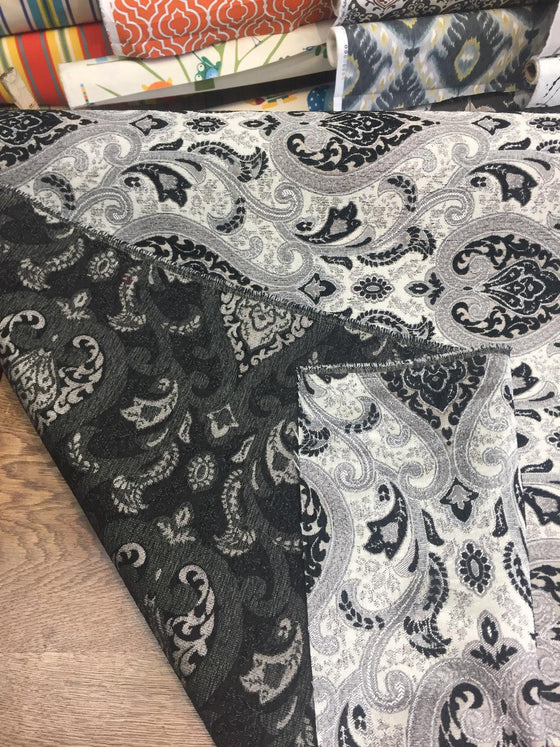 Black Silver Damask Fabric Chenille upholstery Fabric by the yard