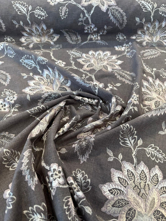 Waverly Perennial Floral Embroidered Charcoal Porcini Fabric