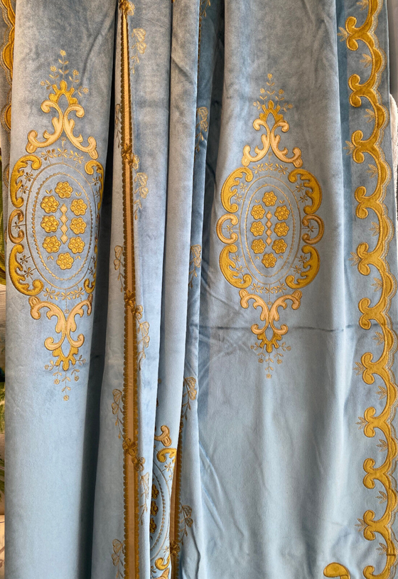 Italian Light Blue Embroidered Velvet  Elegant Ready Made Panel