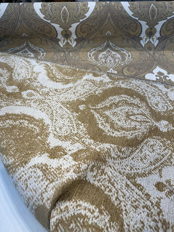 Ivory Treasure Damask Casablanca Chenille Upholstery Fabric By The Yard