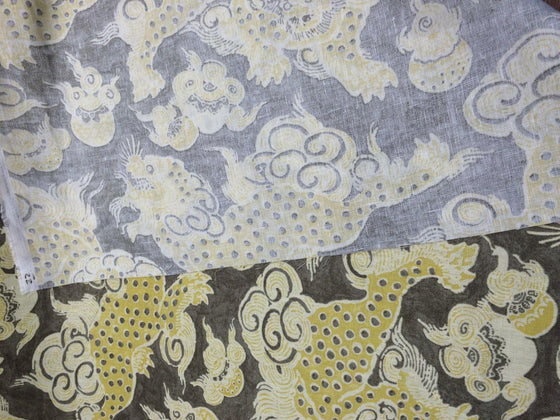 Dunmore Dragons Yellow, Beige Linen Upholstery Fabric PK  Multipurpose