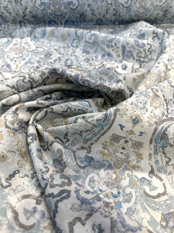 Mazely Damask Blue Cotton Drapery Upholstery Fabric 