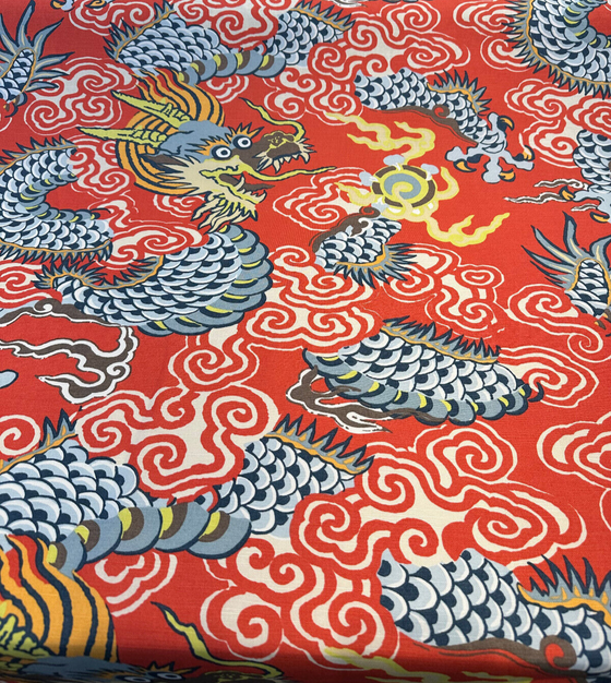 Mythical Dragon Asian Toile Red Orange Fabric
