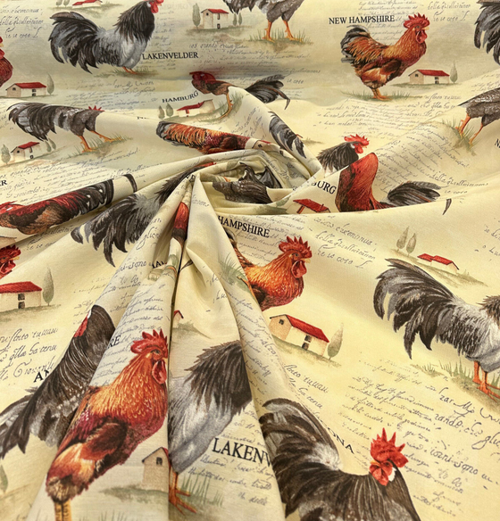 Rooster Chicken Farm Cotton Blend Kiriki Country Toile Fabric
