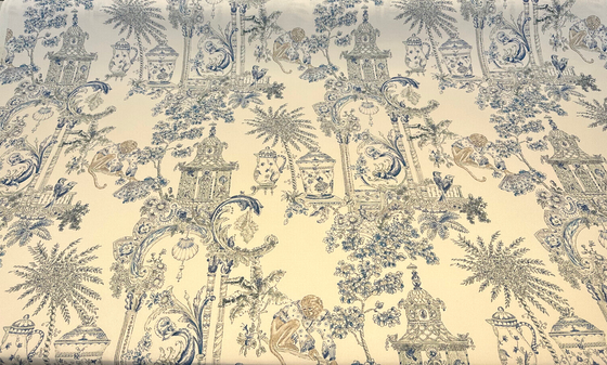 Blue Country Siam Toile Monkeys Drapery Upholstery Fabric