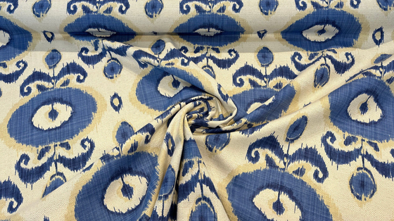 Egeo Azure Blue Ikat Linen Teflon Drapery Upholstery Fabric 