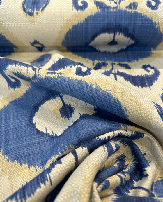 Egeo Azure Blue Ikat Linen Teflon Drapery Upholstery Fabric 