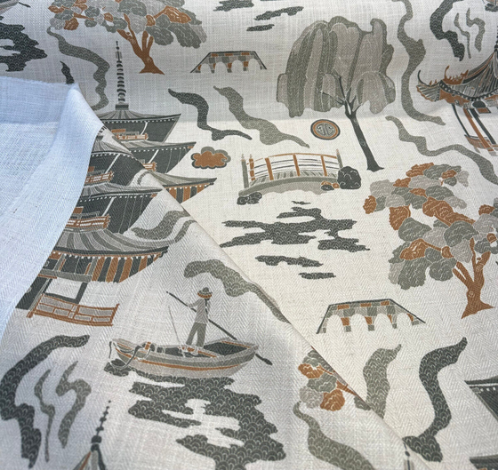 Kumano Toile Topaz Tan Asian Pagoda Print Fabric