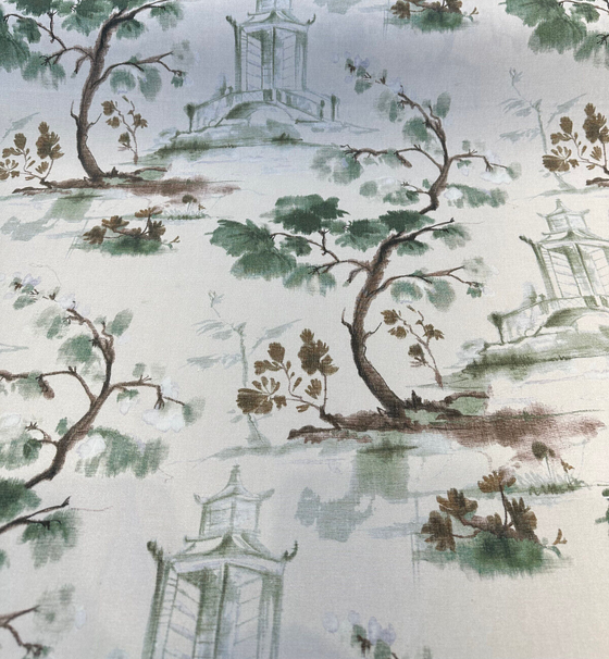 Chino Green Toile Chinoiserie Pagoda Drapery Upholstery Fabric