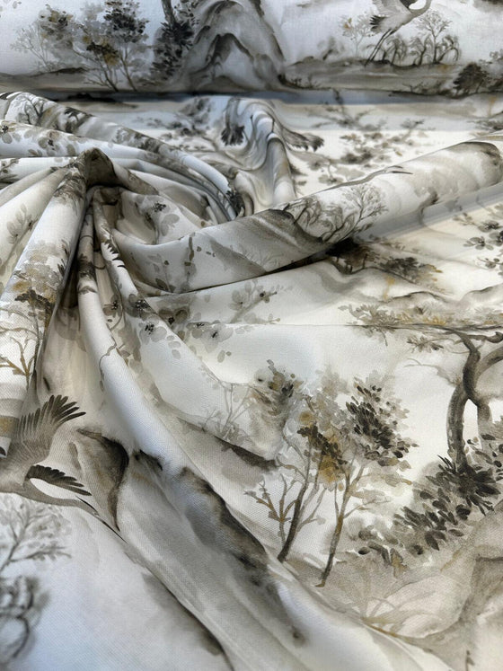 Nikita Egret Bird Pewter White Drapery Upholstery Fabric