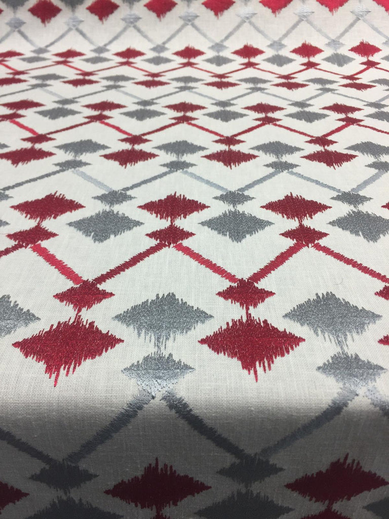 Fruits of the Gods Specialty Fabric Red and Grey Ikat Geometric Pattern  Embroidered Upholstery Fabric by the yard