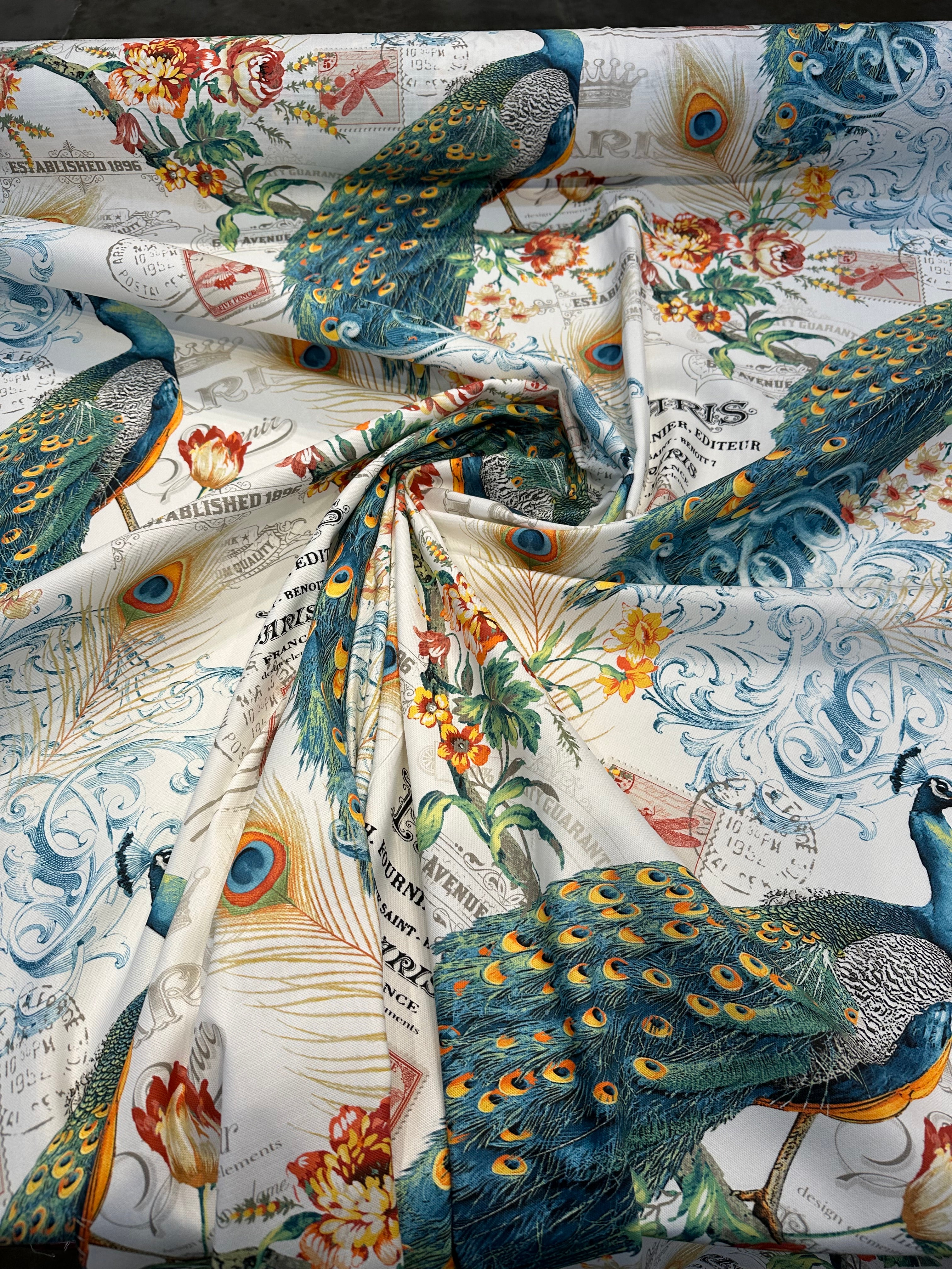 Teal Peacock Bird Floral Branches Drapery Upholstery Fabric