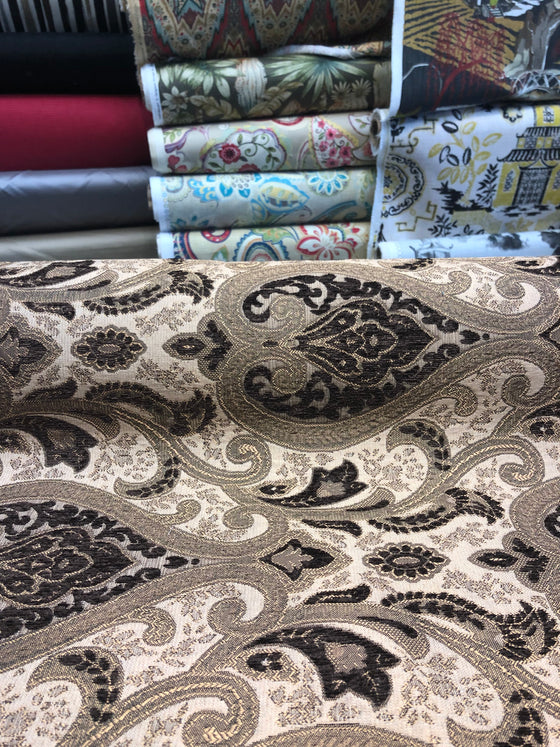Monte Cristo Brown Damask Chenille Upholstery Fabric By The Yard
